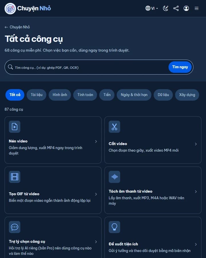 Danh mục công cụ trong giao diện tối.