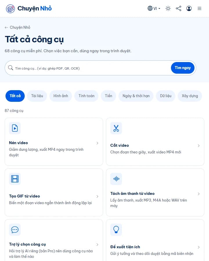 Danh mục công cụ trong giao diện sáng.