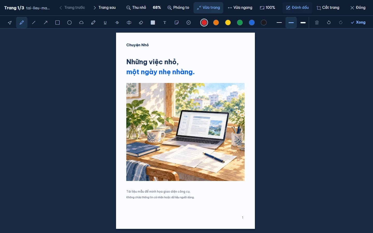Giao diện công cụ chỉnh sửa PDF với tài liệu mẫu.